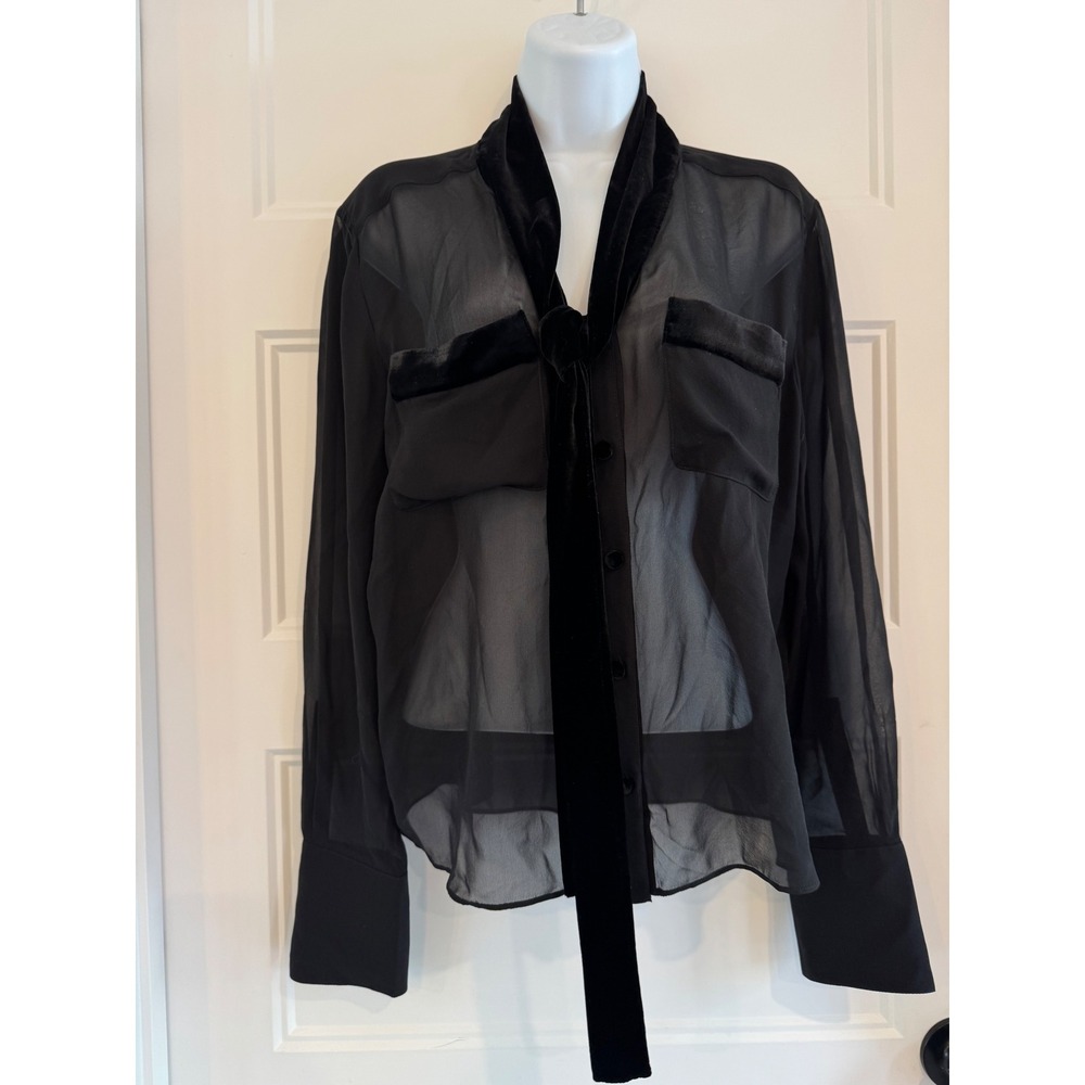 Frame Velvet Trim Modern Tie Blouse Black Sheer Silk Chiffon Small‎ - Picture 3 of 11